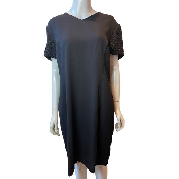 Halmode Womens Sheath Dress Beaded Sleeve Button Back Black Size 16 Petite - Picture 1 of 6